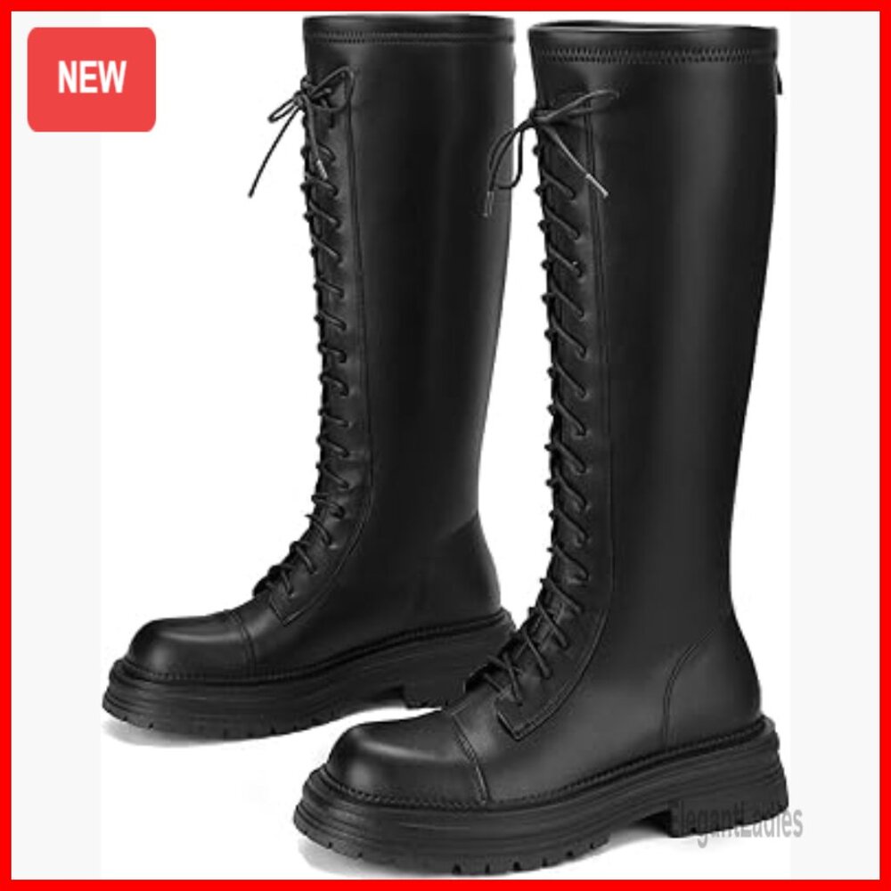 Chunky Platform Knee High Combat Boots Faux Leather Lace Up Zipper